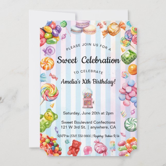 Watercolor Sweet Celebration Candy Kid's Birthday Invitation (Front)