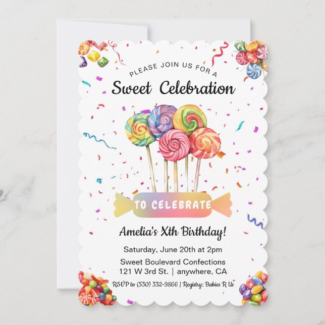 Watercolor Sweet Celebration Kid's Candy Birthday Invitation (Front)