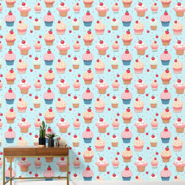 Watercolor Sweet Cupcakes And Cherries Pattern Wallpaper (Hallway)