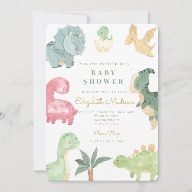 Watercolor Sweet Dinosaurs Baby Shower Invitation (Front)