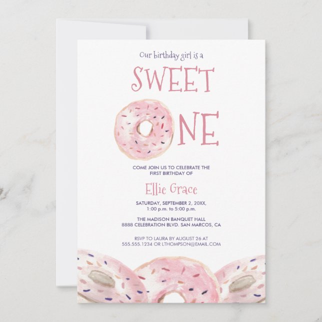 Watercolor Sweet One Doughnut theme 1st birthday B Invitation (Front)