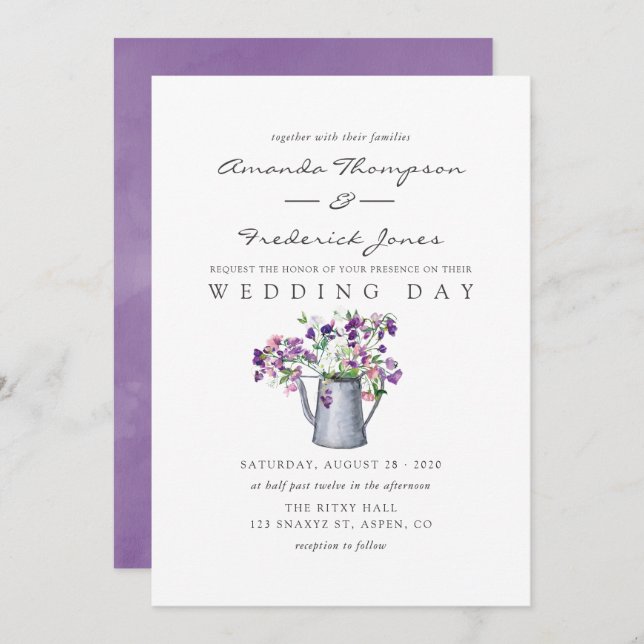 Watercolor Sweet Pea Floral Wedding Invitation (Front/Back)