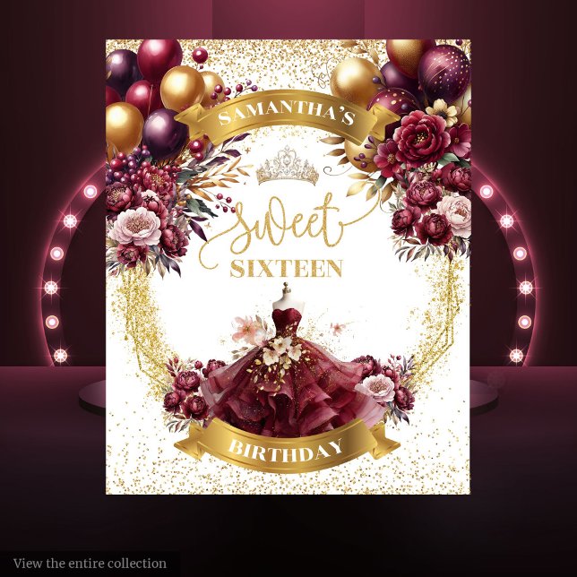 Watercolor Sweet Sixteen Backdrop Burgundy Dress Tapestry (Watercolor Sweet Sixteen Backdrop Burgundy Dress)