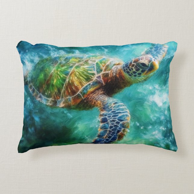 Watercolor Swimming Sea Turtle Decorative Cushion (Front)