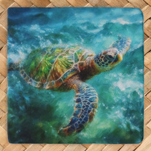 Watercolor Swimming Sea Turtle Trivet