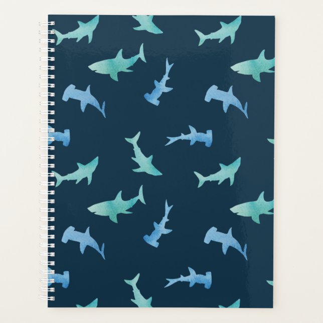 Watercolor Swimming Shark Silhouettes Pattern Planner (Front)