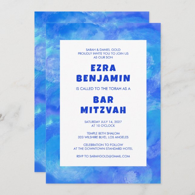 Watercolor Swirls Custom QR CODE Bar Bat Mitzvah Invitation (Front/Back)
