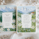 Watercolor Switzerland Edelweiss Wedding Invitation<br><div class="desc">Celebrate your Alpine wedding with this elegant watercolor wedding invitation featuring delicate edelweiss flowers, pine trees, and a picturesque chalet nestled in the Swiss mountains near Geneva. The soft colour palette and hand-painted details offer a romantic touch for destination weddings in Switzerland. Ideal for couples who love nature, mountain scenery,...</div>