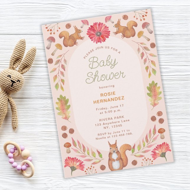 Watercolor Symmetric Fall Theme Baby Shower  Invitation (autumn fall baby shower, squirrel, nuts, leaves, flowers)