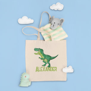 Watercolor T-rex Dinosaur with Custom Kids Name  Tote Bag