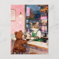 Watercolor Tabby Cat Barista Serving Bear