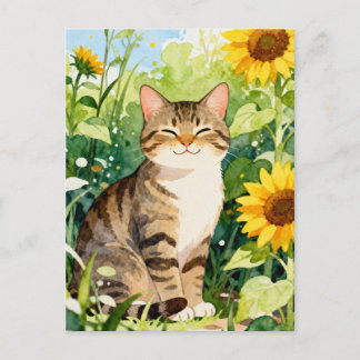 Watercolor Tabby Cat in Sunflower Garden Postcard