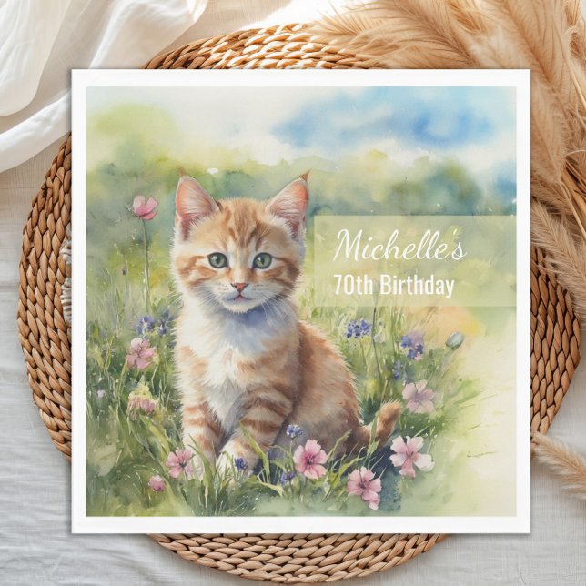 Watercolor Tabby Cat Pet Meadow 70th Birthday Napkin (Cat birthday party paper napkins)