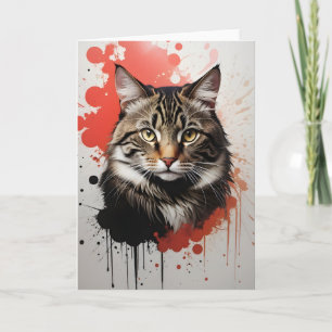 Watercolor Tabby Cat Splatter Art Red and Black Card