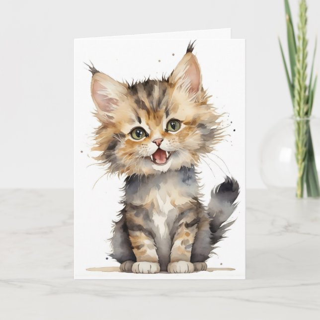 Watercolor Tabby Kitten Birthday Card (Front)
