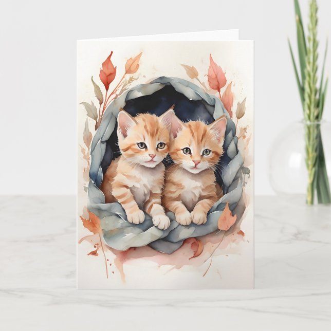 Watercolor Tabby Kittens Best Pals Flowers Blank Card (Front)