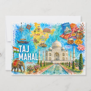 Watercolor Taj Mahal India Landmark Map Postcard