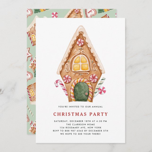 Watercolor Tall Gingerbread House Christmas Party Invitation (Front/Back)