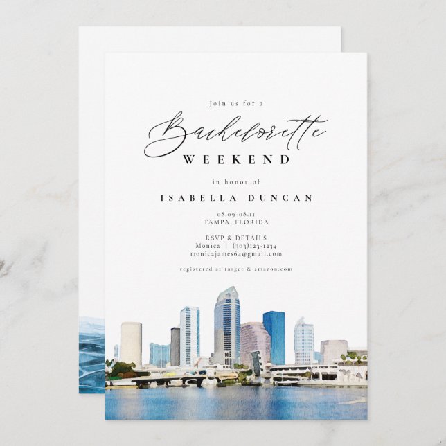 Watercolor Tampa Florida Skyline Ocean Tropical Invitation (Front/Back)