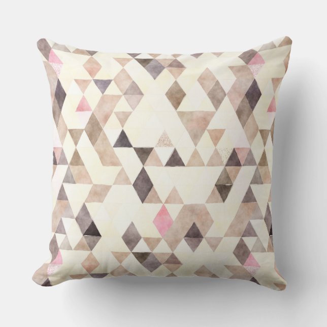 Watercolor Tan Mocha Cream Pink Triangles Pattern Cushion (Front)
