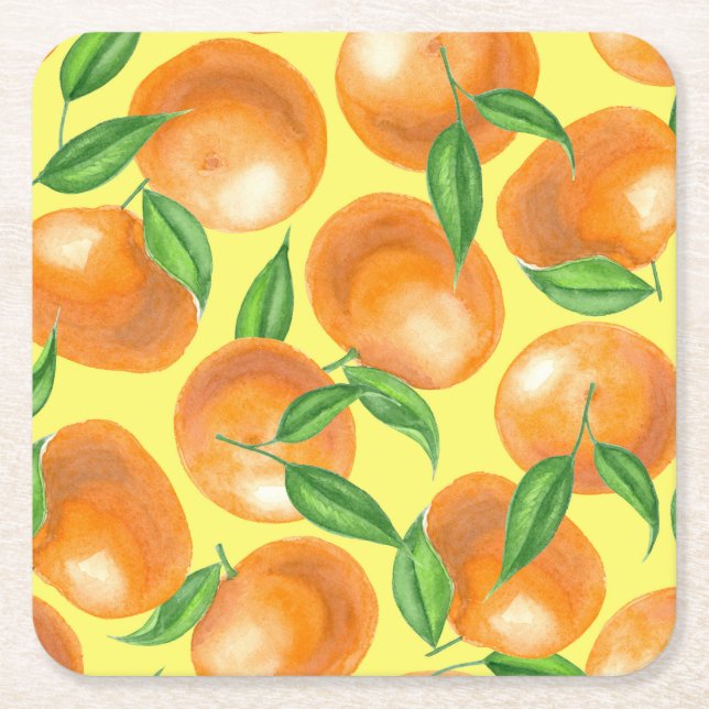 Watercolor tangerines square paper coaster (Front)