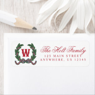 Watercolor Tartan Plaid Bow Monogram Laurel Wreath Return Address Label