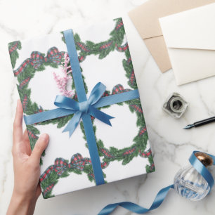 Watercolor Tartan Plaid Bow Wreaths Wrapping Paper