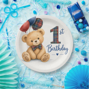 Watercolor Tartan Teddy Bear 1st Birthday Paper Plate