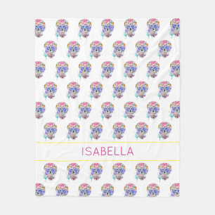 Watercolor Tattoo Art NAME Colourful Sugar Skulls  Fleece Blanket