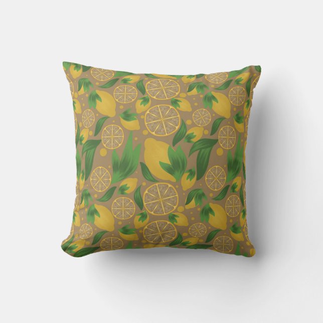 Watercolor Taupe Citrus  Lemon Fruit   Cushion (Front)