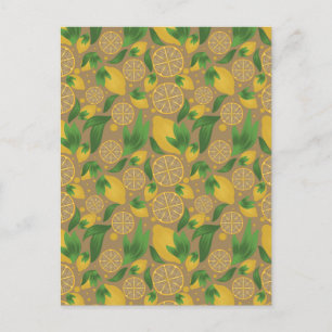 Watercolor Taupe Lemon Fruit Pattern Postcard