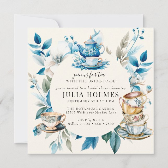 Watercolor Tea | Blue Floral Bridal Shower Invitation (Front)