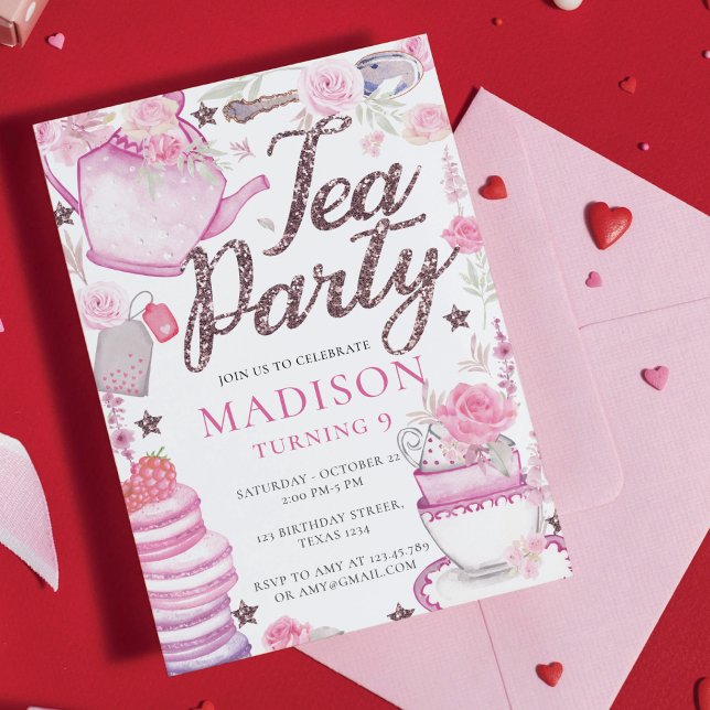 Watercolor Tea Party Birthday Glitter Invitation (Creator Uploaded)