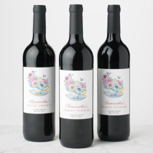 Watercolor Tea Party Bridal shower Wine Label