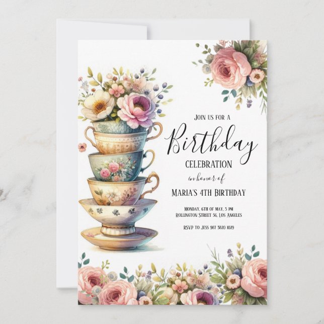 Watercolor Tea Party Cute Kids Birthday Invitation (Front)