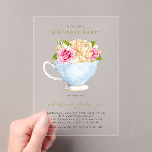 Watercolor Teacup Botanical Birthday Tea Party Acrylic Invitations