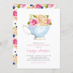Watercolor Teacup Bouquet Flowers Baby Shower Invitation