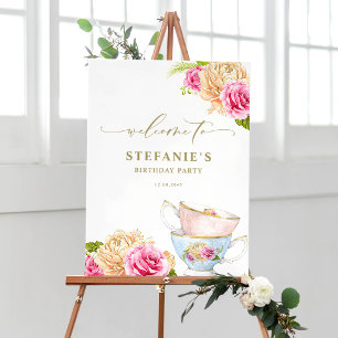 Watercolor Teacup Floral Garden Birthday Welcome Poster