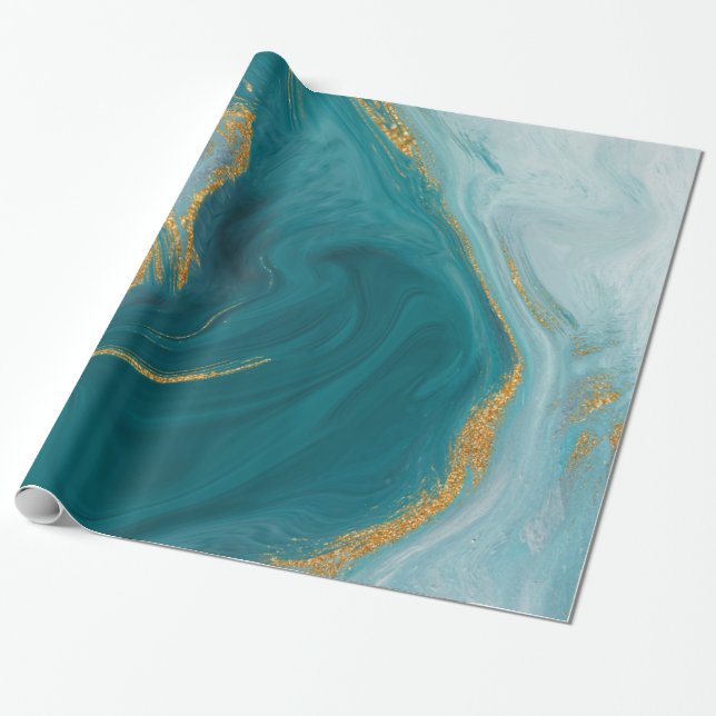 Watercolor Teal and Faux Gold Geode Wrapping Paper (Unrolled)