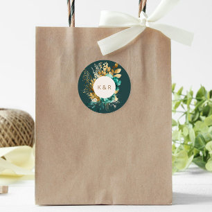 Watercolor Teal and Gold Floral Monogram Wedding Classic Round Sticker