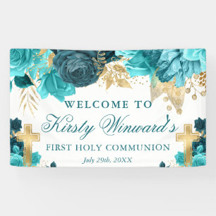 Watercolor Teal and Gold Flowers 1st Communion Banner
