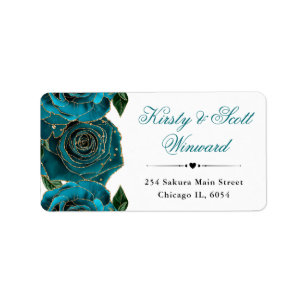Watercolor Teal and Gold Flowers Address Label
