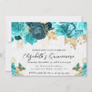 Watercolor Teal and Gold Flowers Quinceanera Invitation