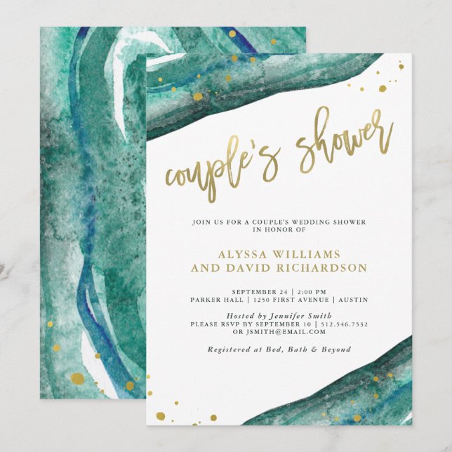 Watercolor Teal and Gold Geode Couples Shower Invitation (Front/Back)