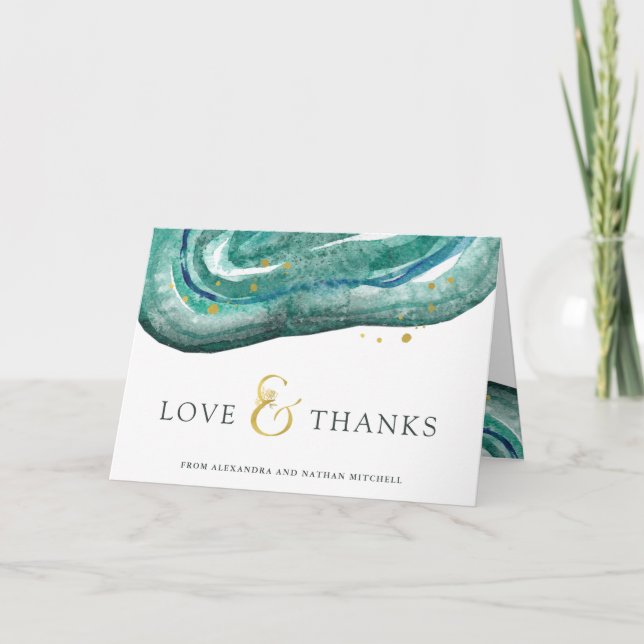 Watercolor Teal and Gold Geode | Wedding Thank You Card (Front)
