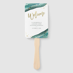 Watercolor Teal and Gold Geode Wedding Welcome Hand Fan