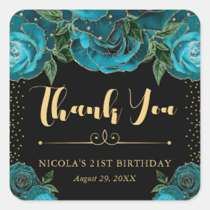 Watercolor Teal and Gold Glam Roses Birthday Square Sticker