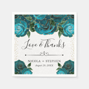 Watercolor Teal and Gold Glam Roses Wedding Napkin