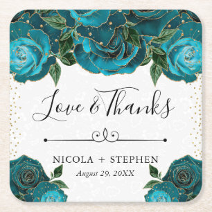 Watercolor Teal and Gold Glam Roses Wedding Square Paper Coaster