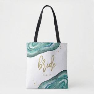 Watercolor Teal and Gold Look Geode   Bride Tote Bag